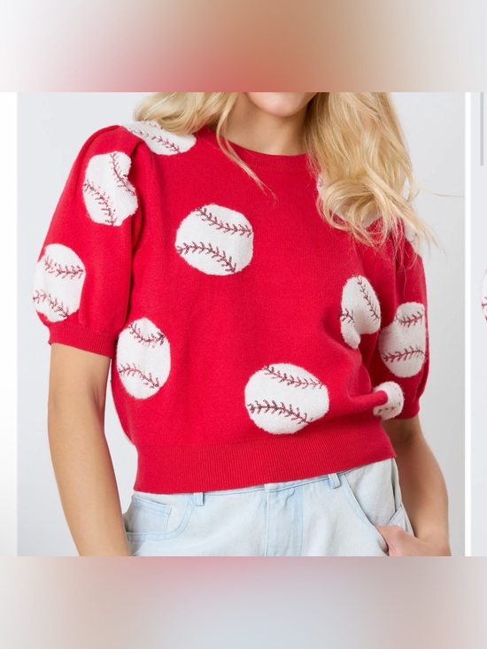Peach Love California Sweaters - Peach Love California Red Baseball Motif Womens Sweater medium